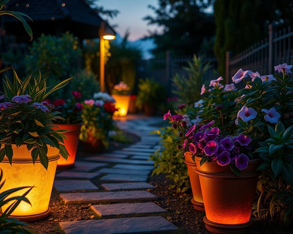 Ästhetische Verbesserung im Garten durch beleuchtete Pflanzenkübel