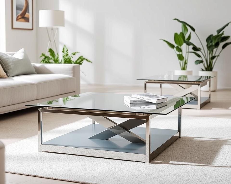 Minimalistische Couchtische mit Glas- und Metallakzenten